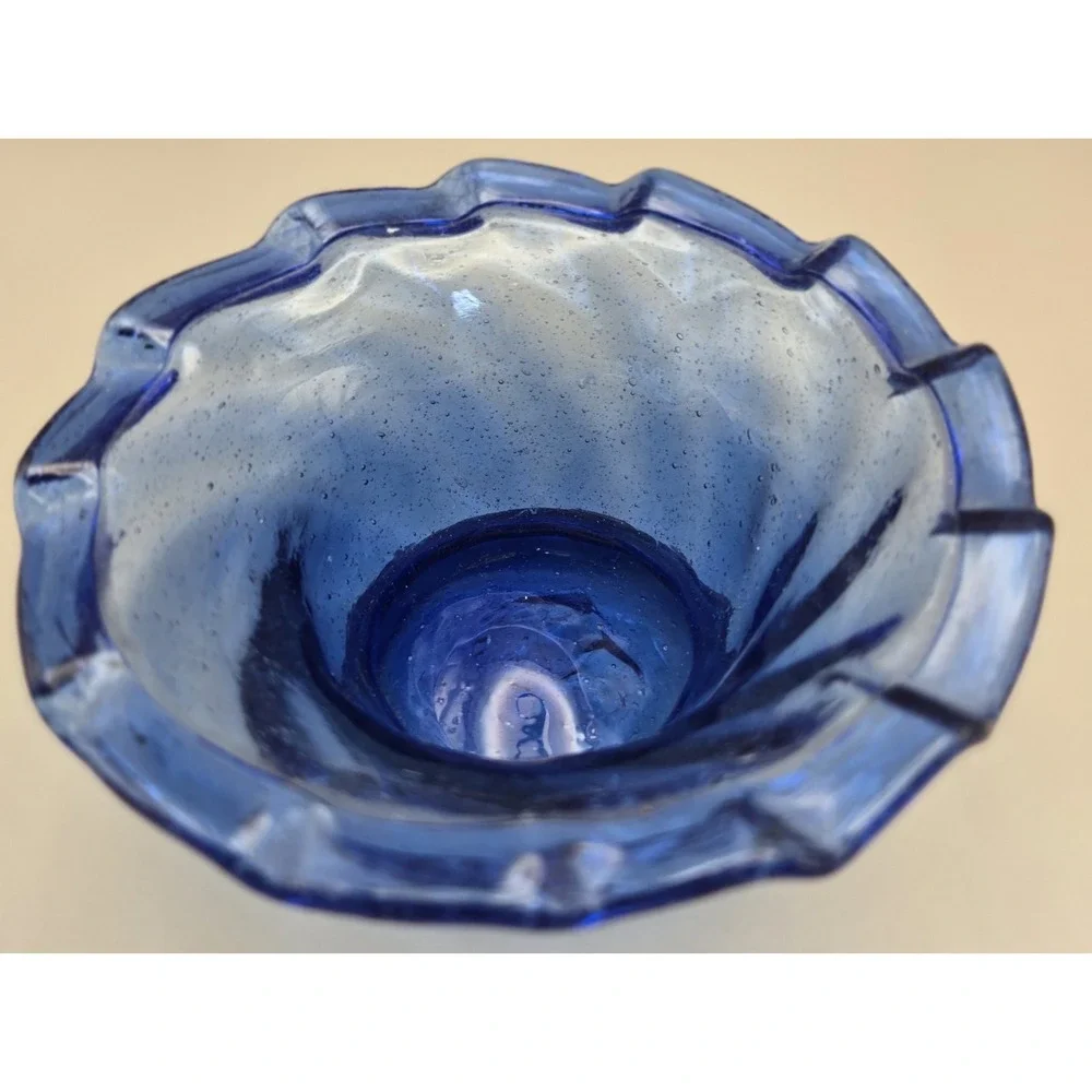 Colbalt Blue Handblown Footed Bowl Vintage 20th Century 2